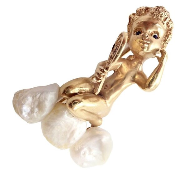 Ruser Jewelry - Rare Large Ruser 14k Yellow Gold Sapphire Pearl Mondays Child Pin Brooch​